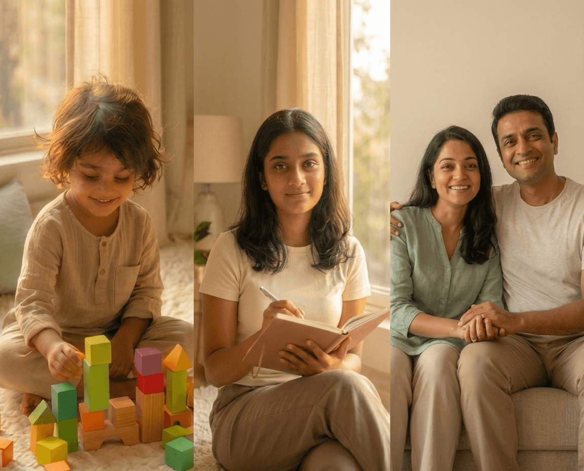 Child confidently playing with blocks, teen journaling with self-assurance, parents feeling connected and hopeful
